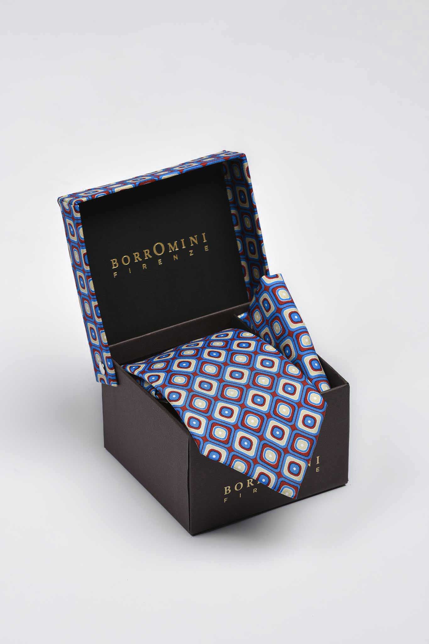 Cravatta fantasia da uomo in seta con pochette abbinata