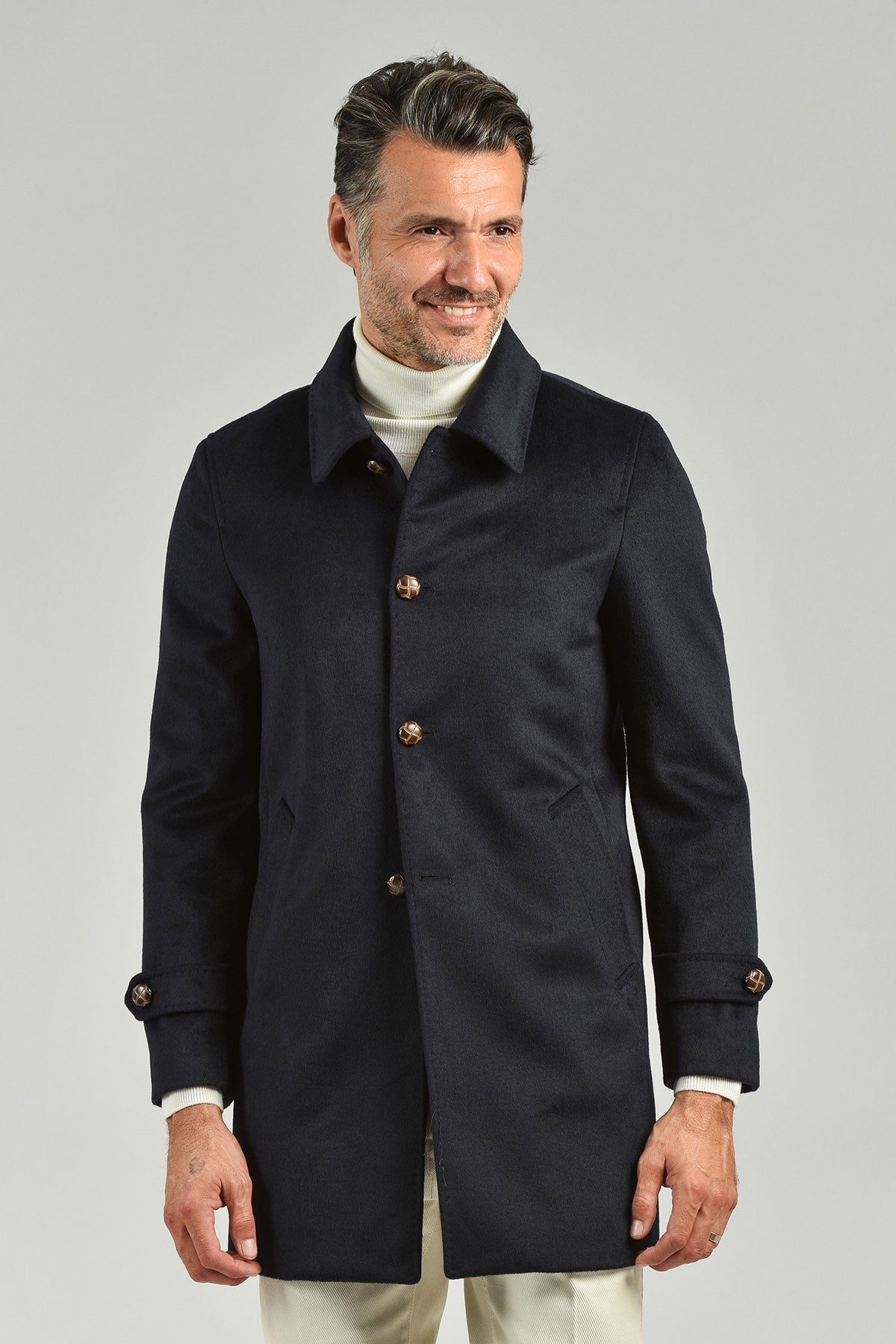 Short Coat with Shirt Collar Navy Blue Borromini Firenze