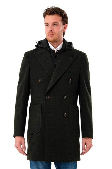 Cappotto doppiopetto con pettorina staccabile e cappuccio