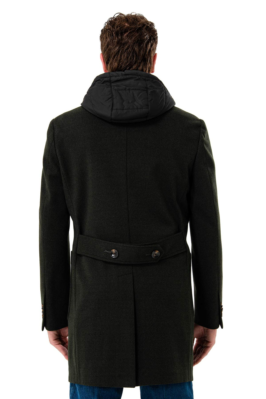 Double-breasted coat with detachable bib and hood