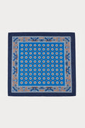 Men's blue silk scarf with a geometric pattern, top view