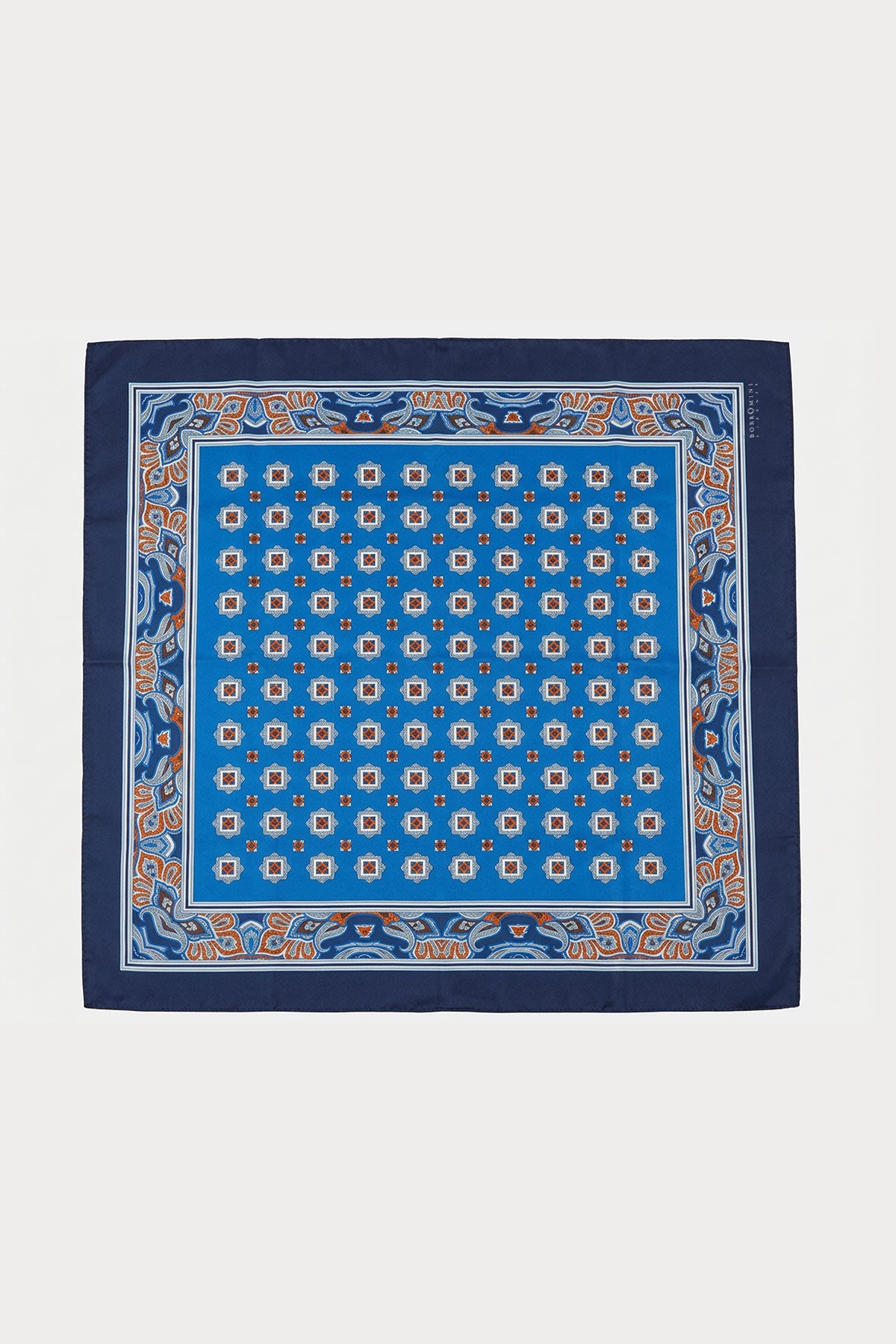 Men's blue silk scarf with a geometric pattern, top view