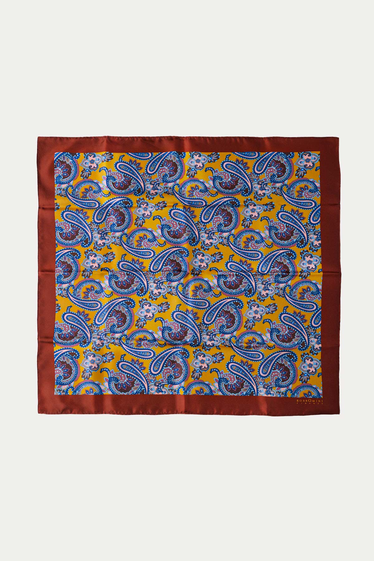 Brown silk men's scarf featuring a paisley pattern, viewed from above