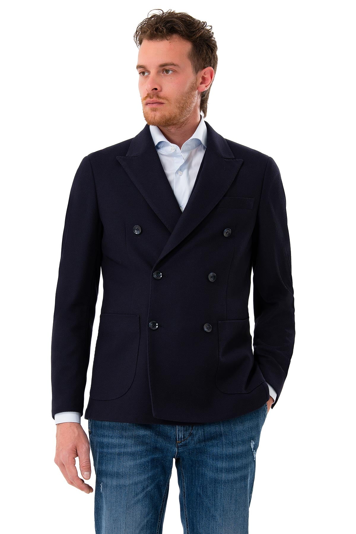 Double-breasted jacket with peak lapels