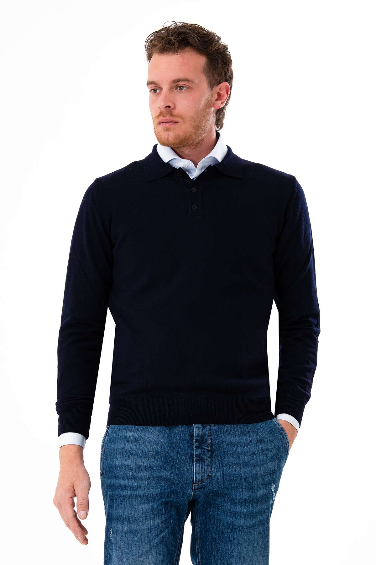 Two-button wool polo shirt