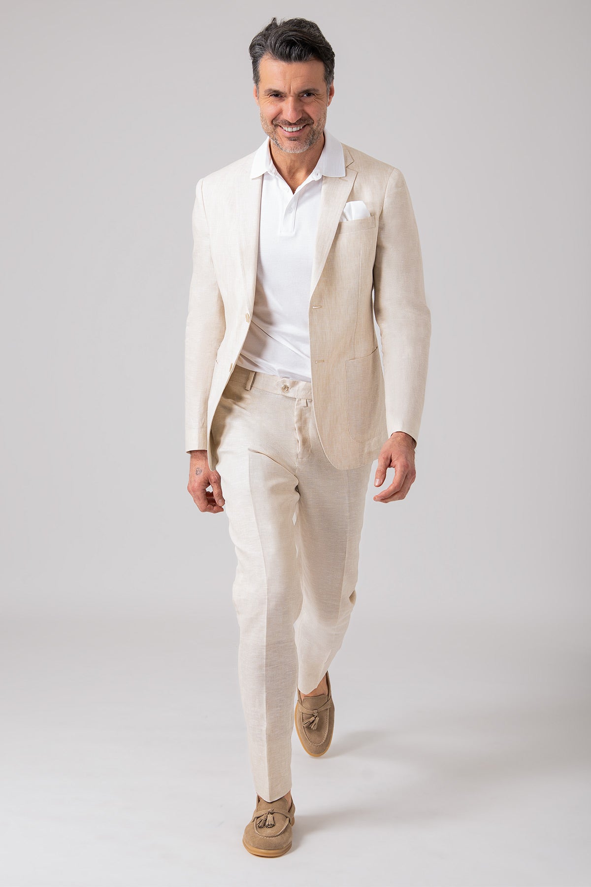 Abito di lino verde con tasche a toppa - Beige