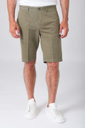 Front view of basic stretch cotton bermuda shorts in military green