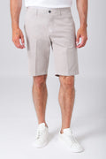 Basic stretch cotton bermuda shorts in sand, front view