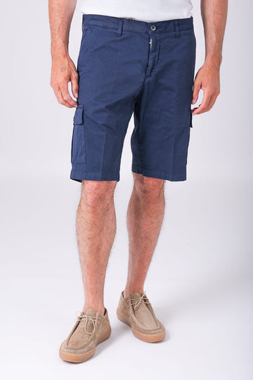 Front view of blue cotton stretch cargo bermuda shorts