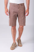 Lightly stretchy cotton cargo Bermuda shorts in mud color, showcased from the front