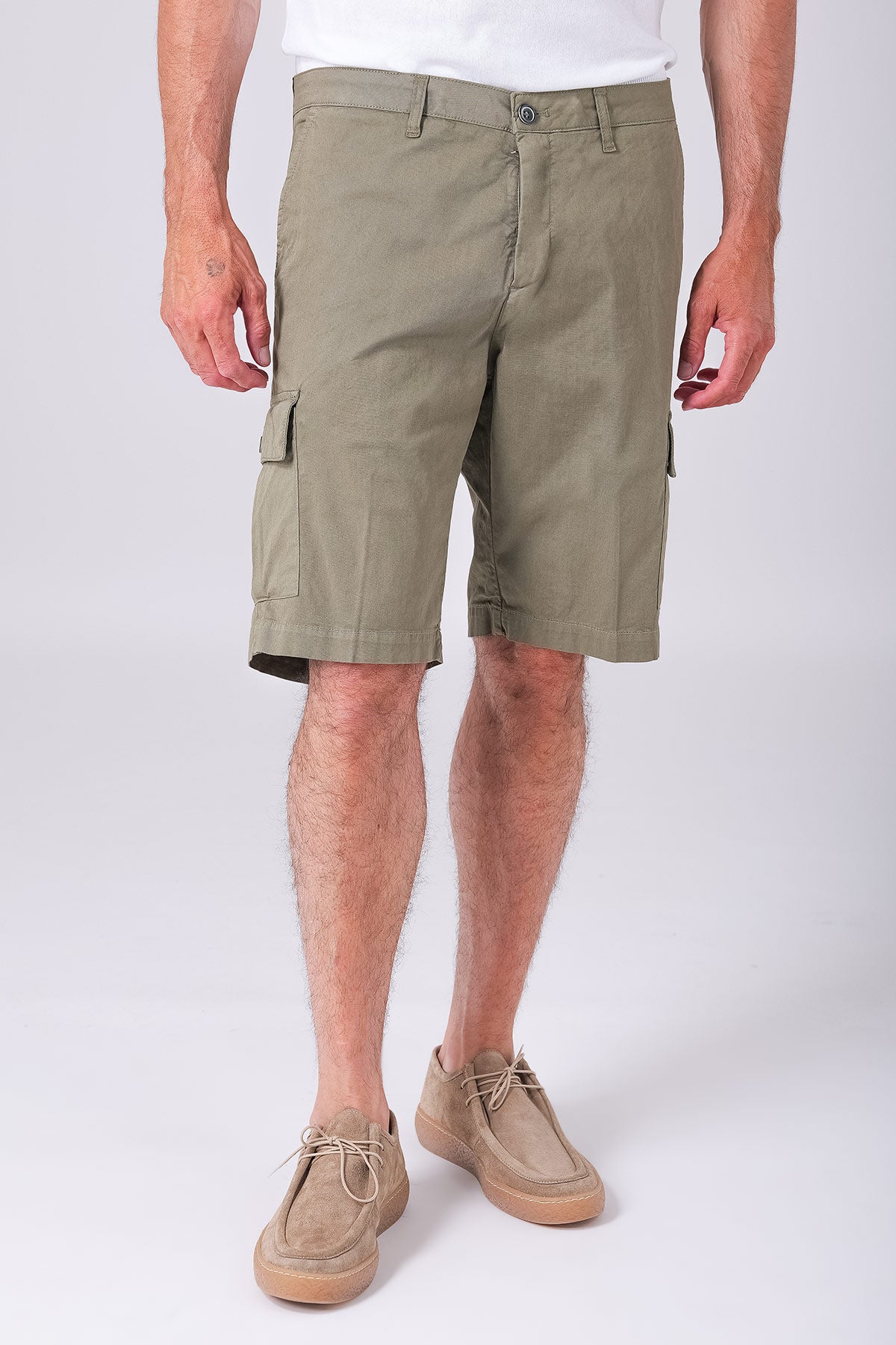 Front view of military-style cotton twill Bermuda shorts with a hint of stretch