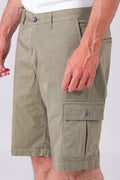 Front view of military green cotton blend cargo shorts