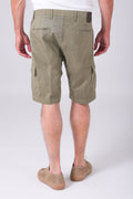 Cotton twill cargo shorts with a slight stretch in military green - back view