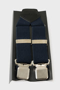 Front view of blue braces with raised geometric texture and metal clips