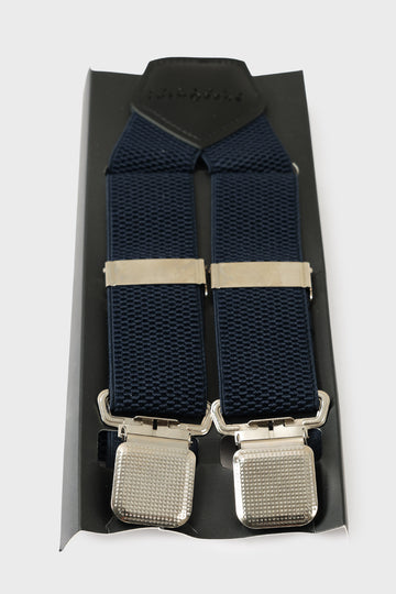 Front view of blue braces with raised geometric texture and metal clips