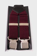 Red braces with embossed geometric pattern and metal clips
