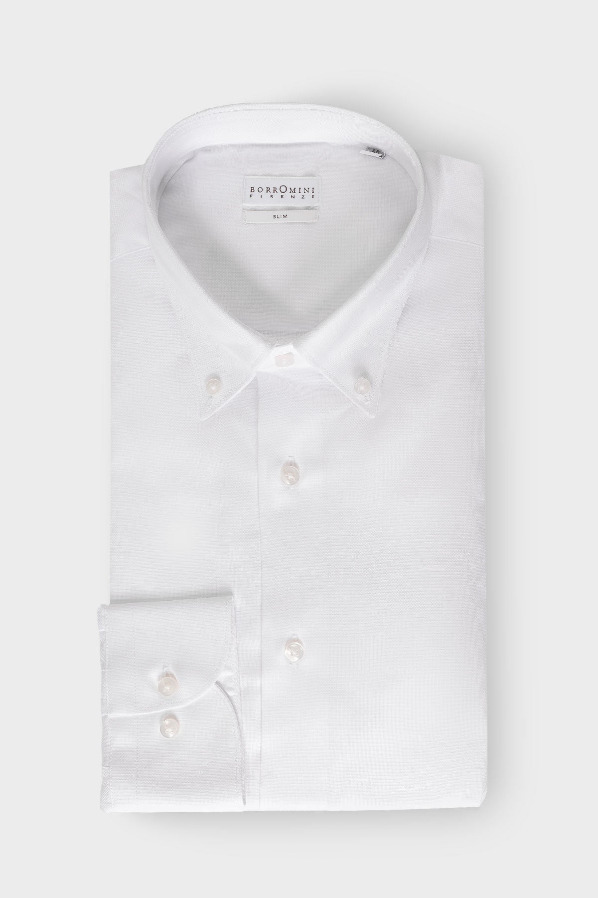 Slim fit white cotton button-down shirt, front view