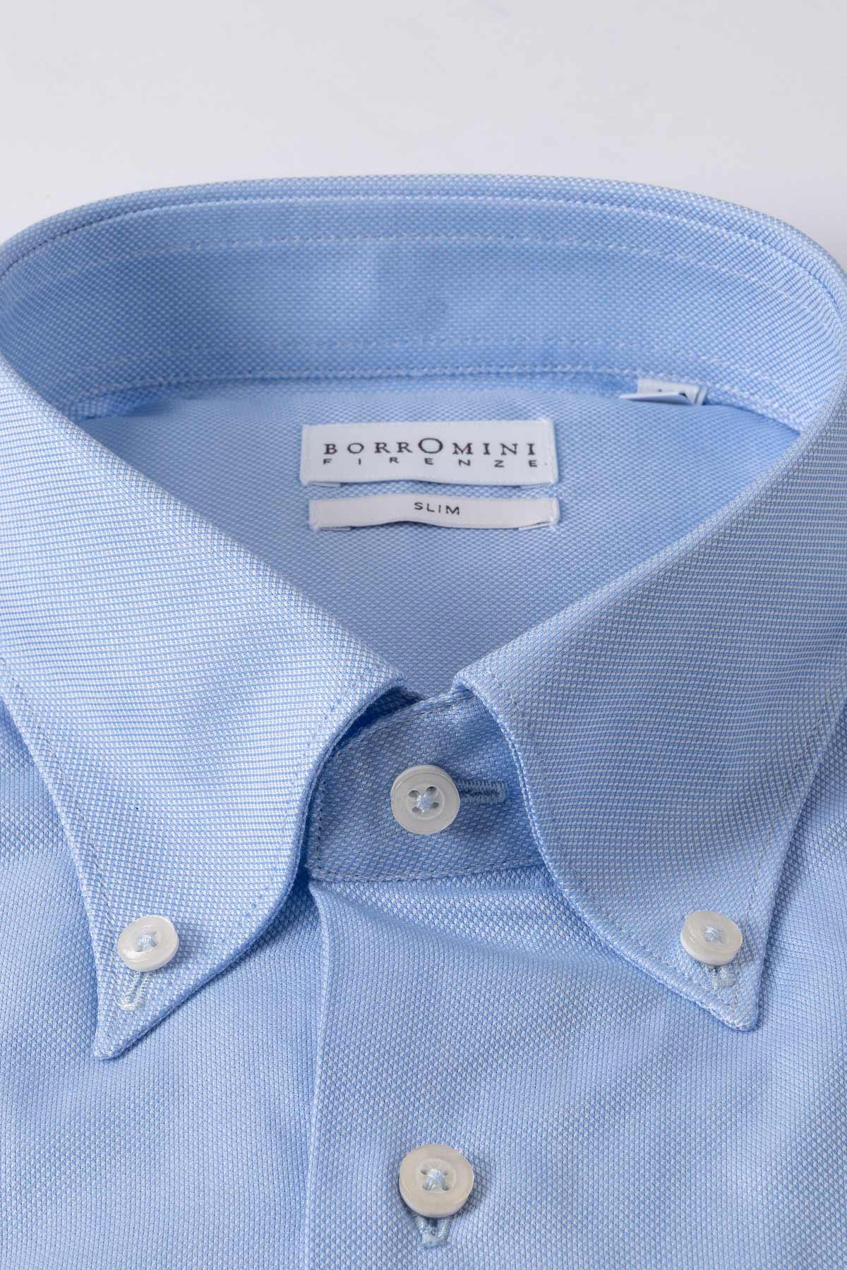 Slim fit button-down cotton shirt in light blue - technical detail