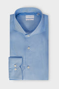 Light blue French collar shirt with micro-pattern, front view