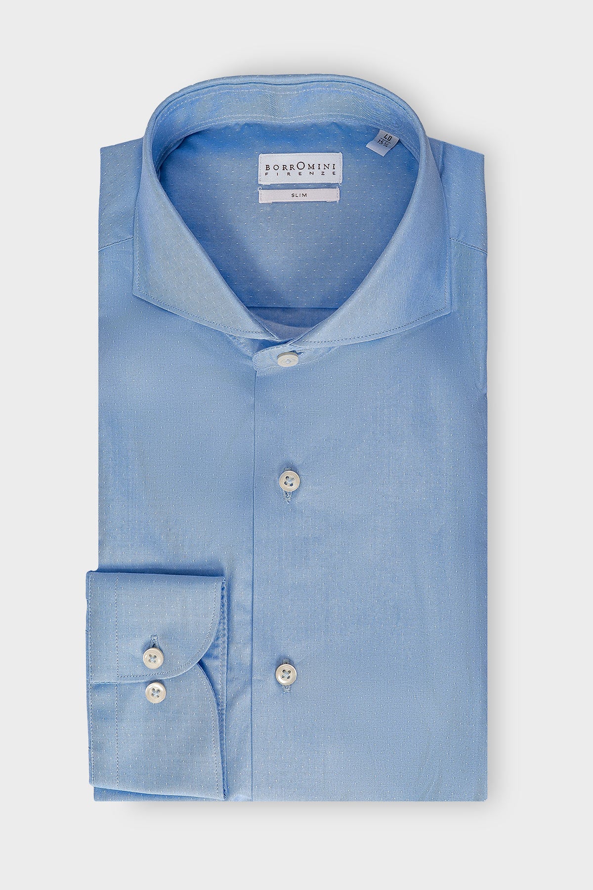 Light blue French collar shirt with micro-pattern, front view