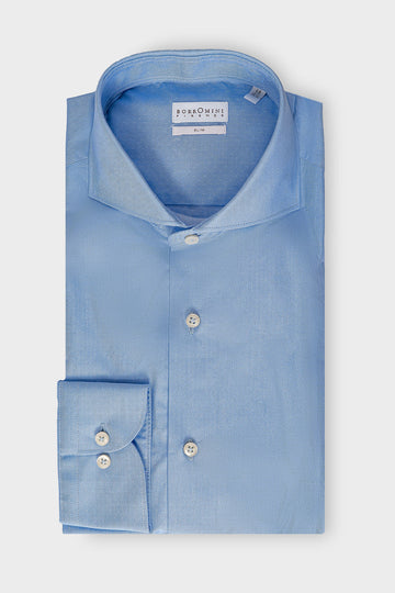 Light blue French collar shirt with micro-pattern, front view