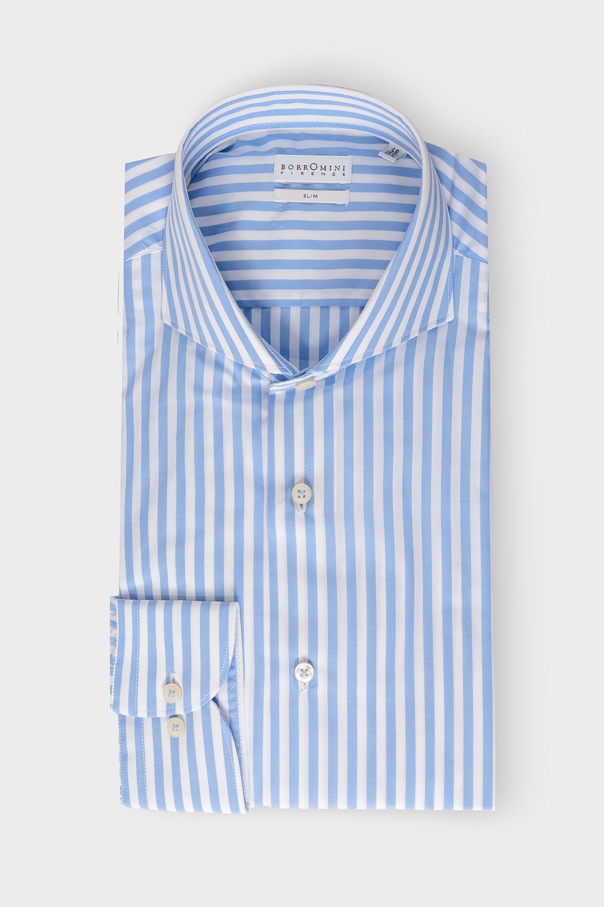 Camicia rigata a collo francese Slim - Celeste - vista frontale