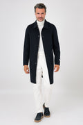 Navy blue double-faced coat with shirt collar on a model, front view