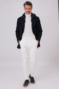 Cappotto lupo di mare blu navy con pettorina staccabile indossato, vista frontale