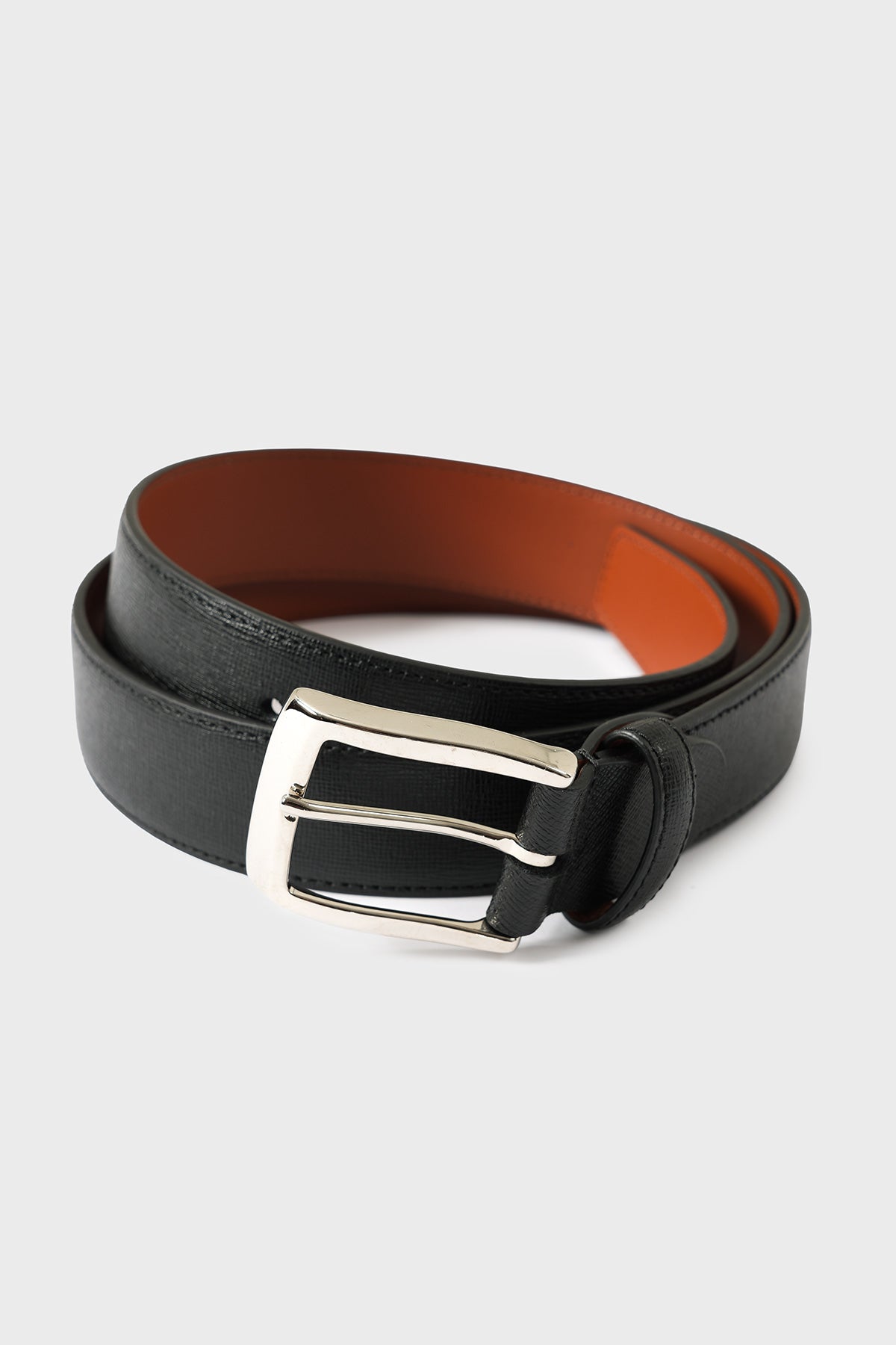 Rolled black leather belt with rectangular silver-tone metal buckle