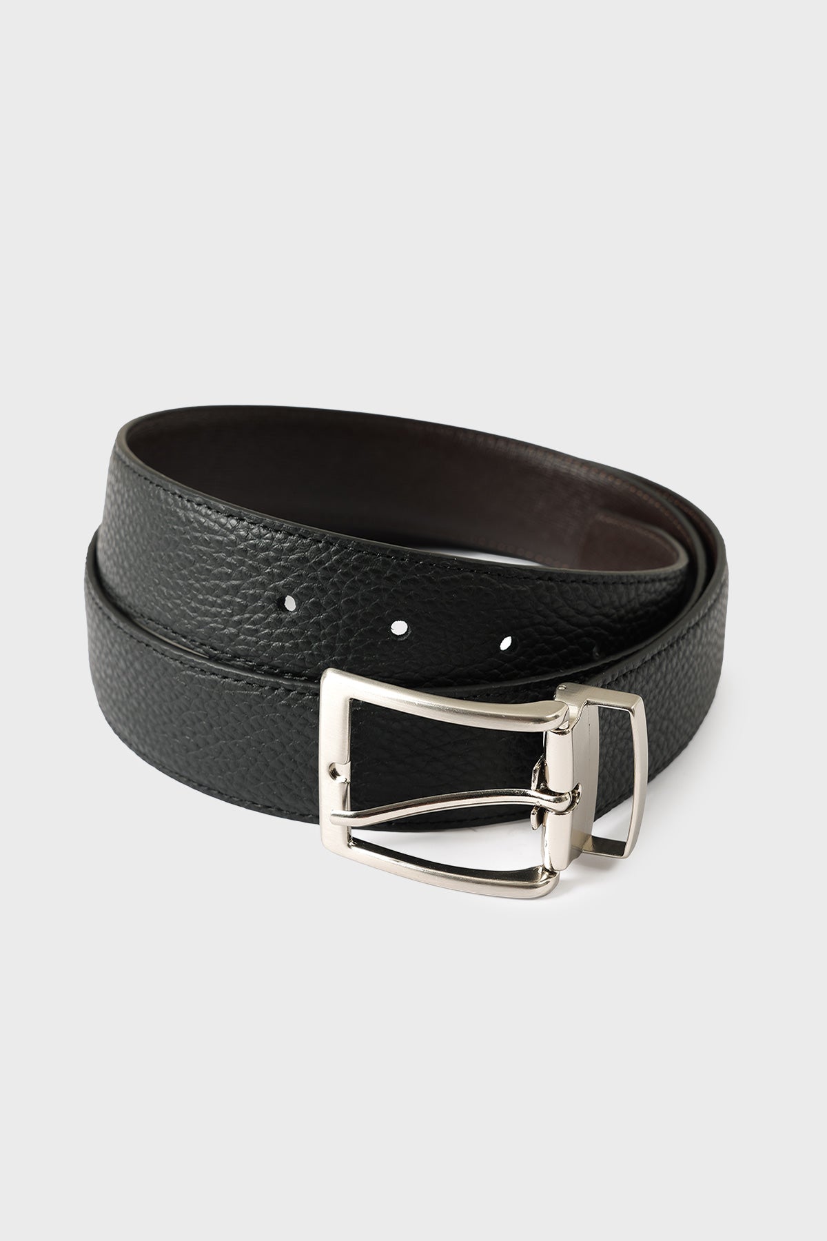 Reversible black and brown leather belt with a rectangular metal buckle