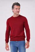 Maglia girocollo bordeaux a manica lunga in lana merinos indossata, vista frontale
