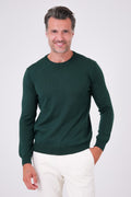 Maglia girocollo verde a manica lunga in lana merinos indossata, vista frontale