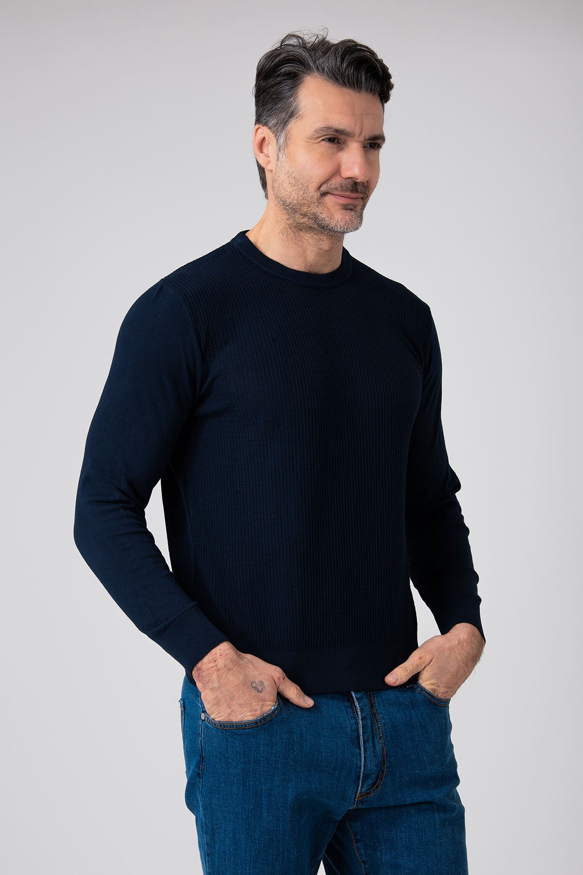 Girocollo quadretto manica lunga - Blu navy
