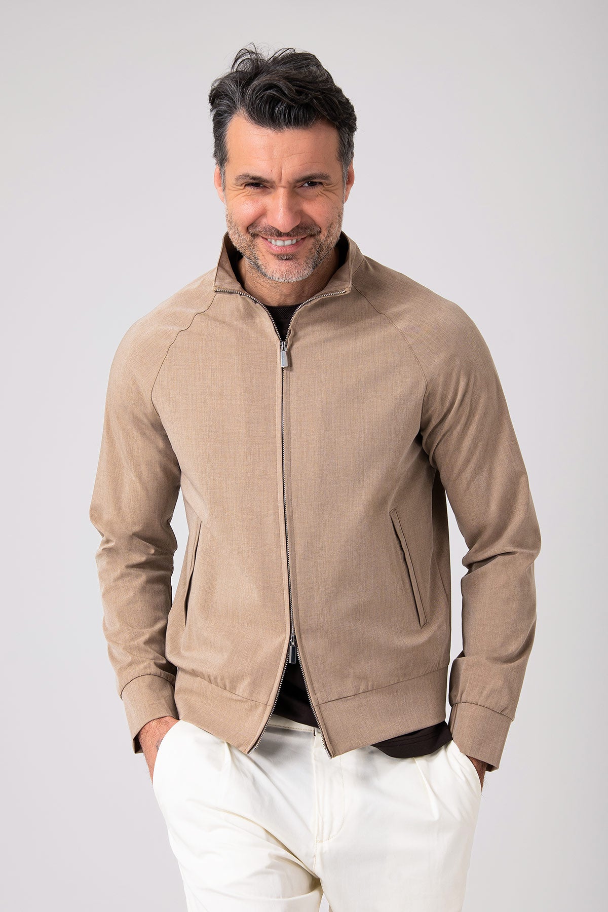 Giubbino zip in tessuto effetto lino - Beige