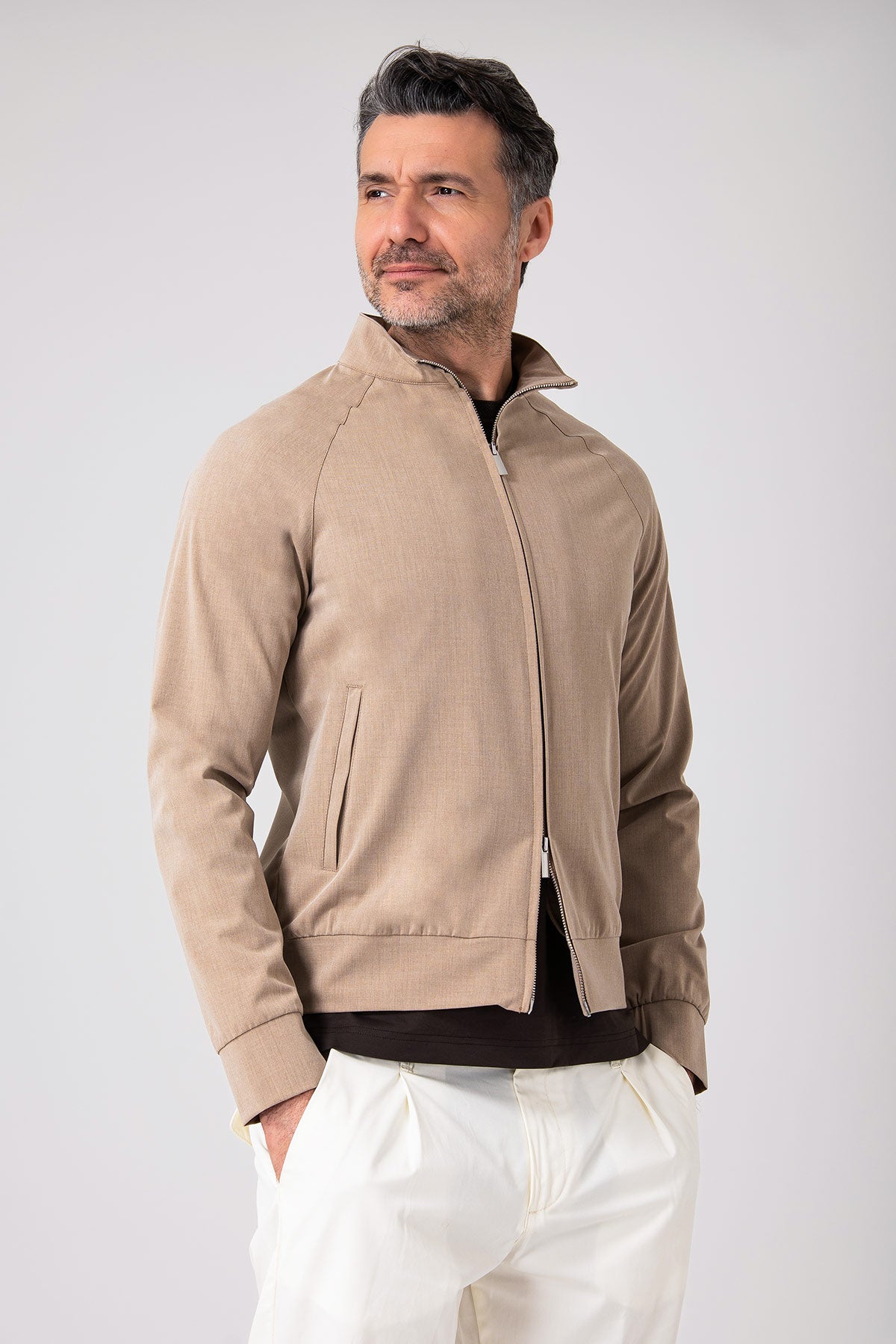 Giubbino zip in tessuto effetto lino - Beige