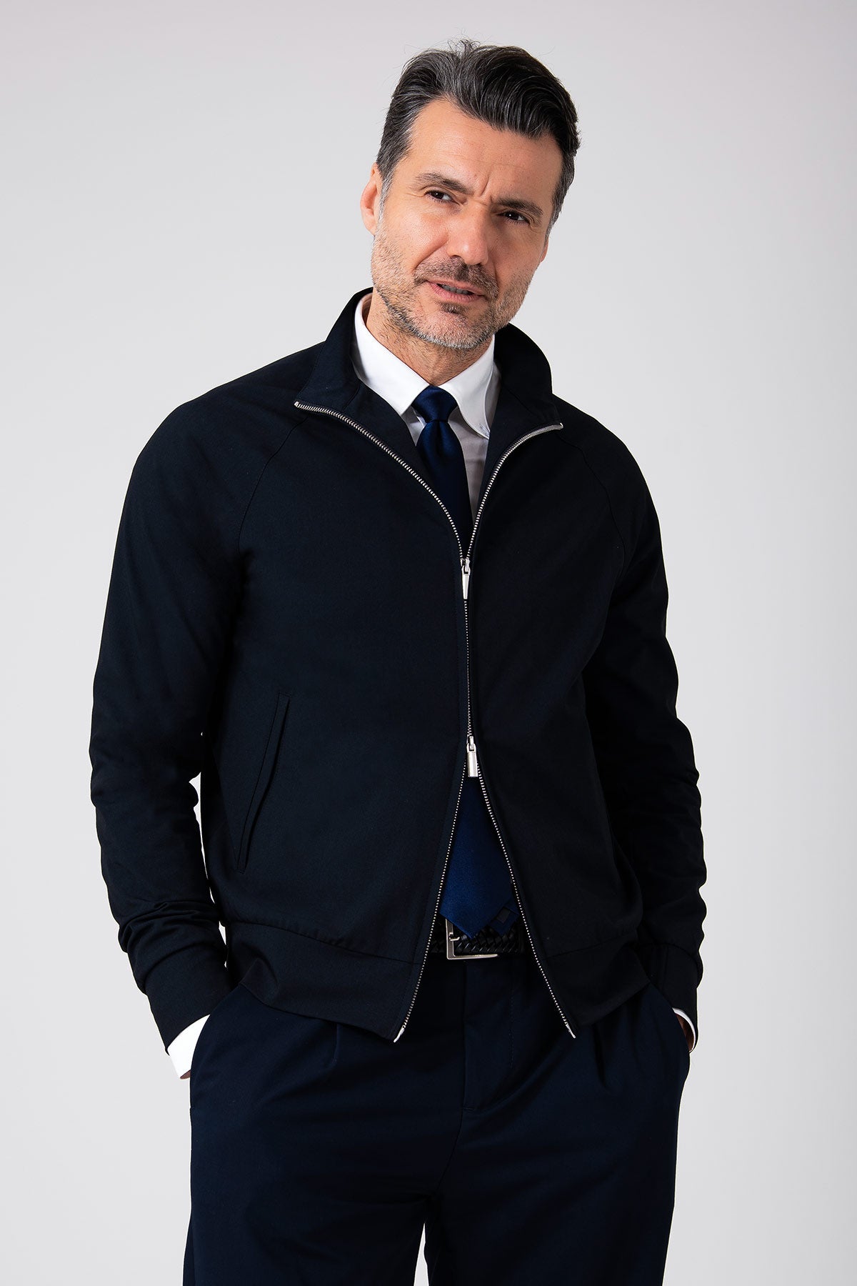 Giubbino zip in tessuto effetto lino - Blu navy