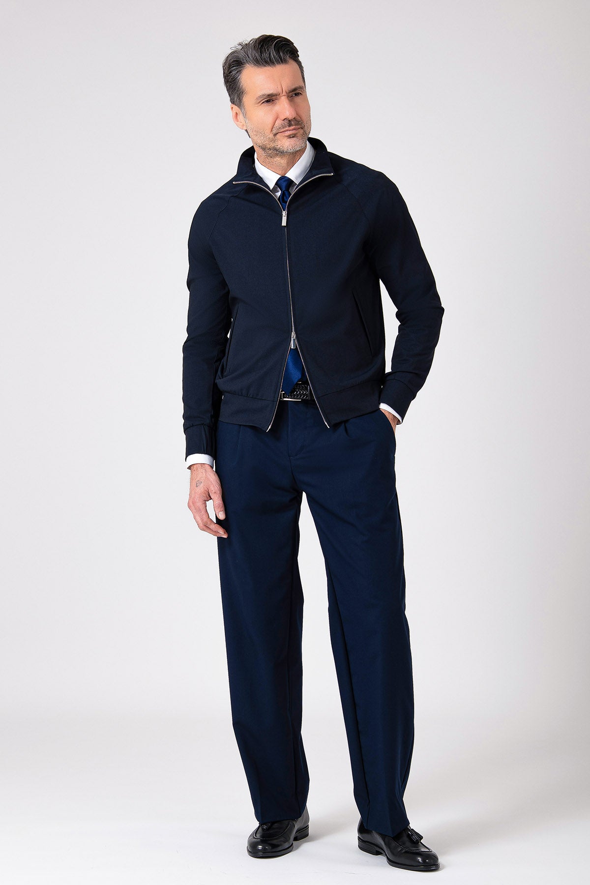 Giubbino zip in tessuto effetto lino - Blu navy