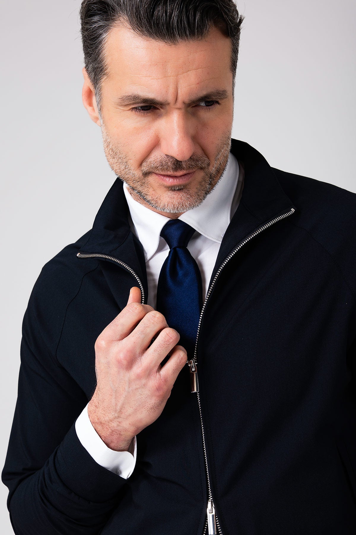 Giubbino zip in tessuto effetto lino - Blu navy