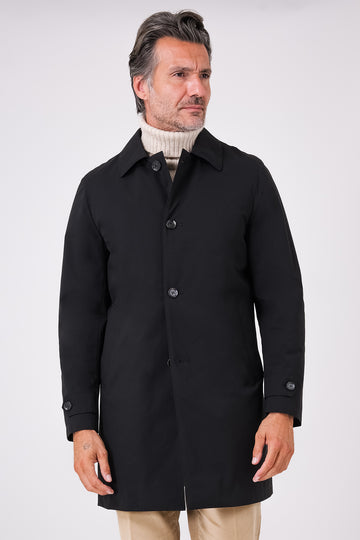Front view of a black raincoat with a shirt collar and front buttons on a model