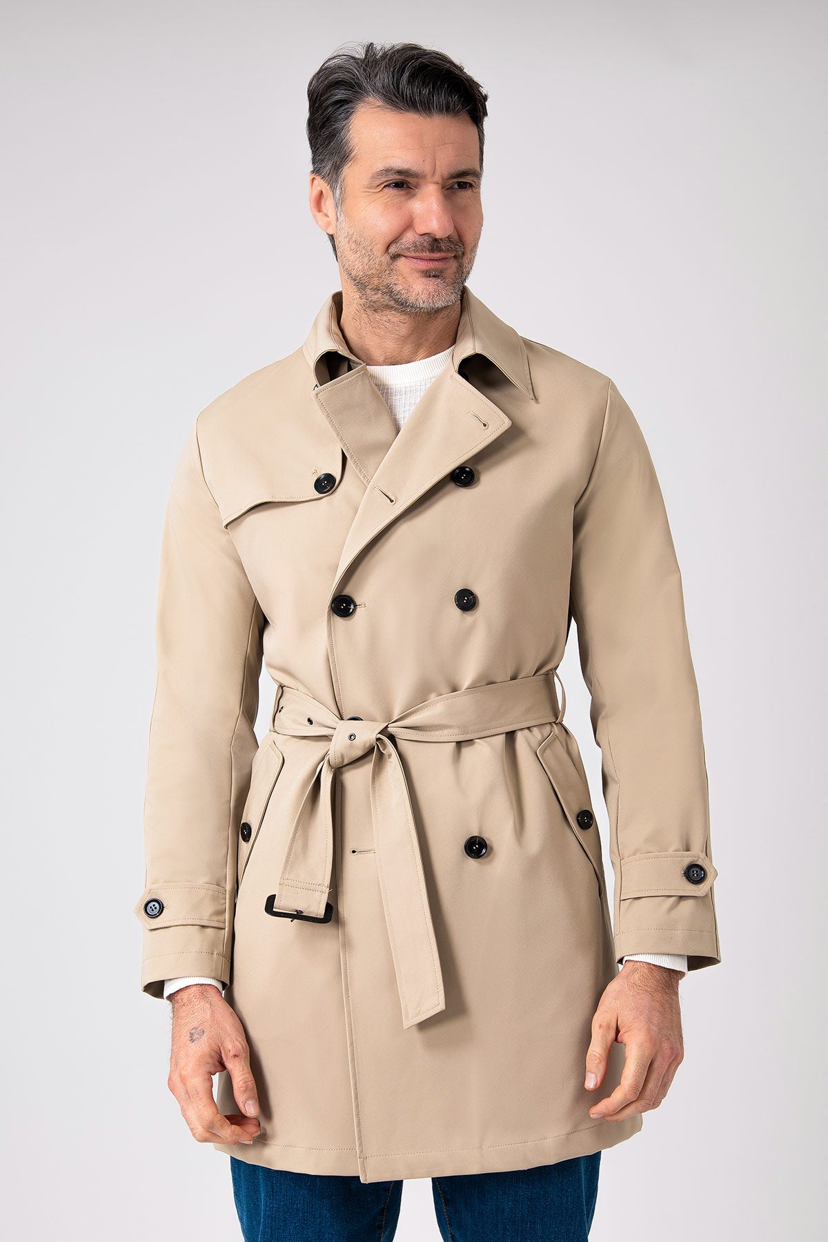 Impermeabile doppiopetto con cintura - Beige
