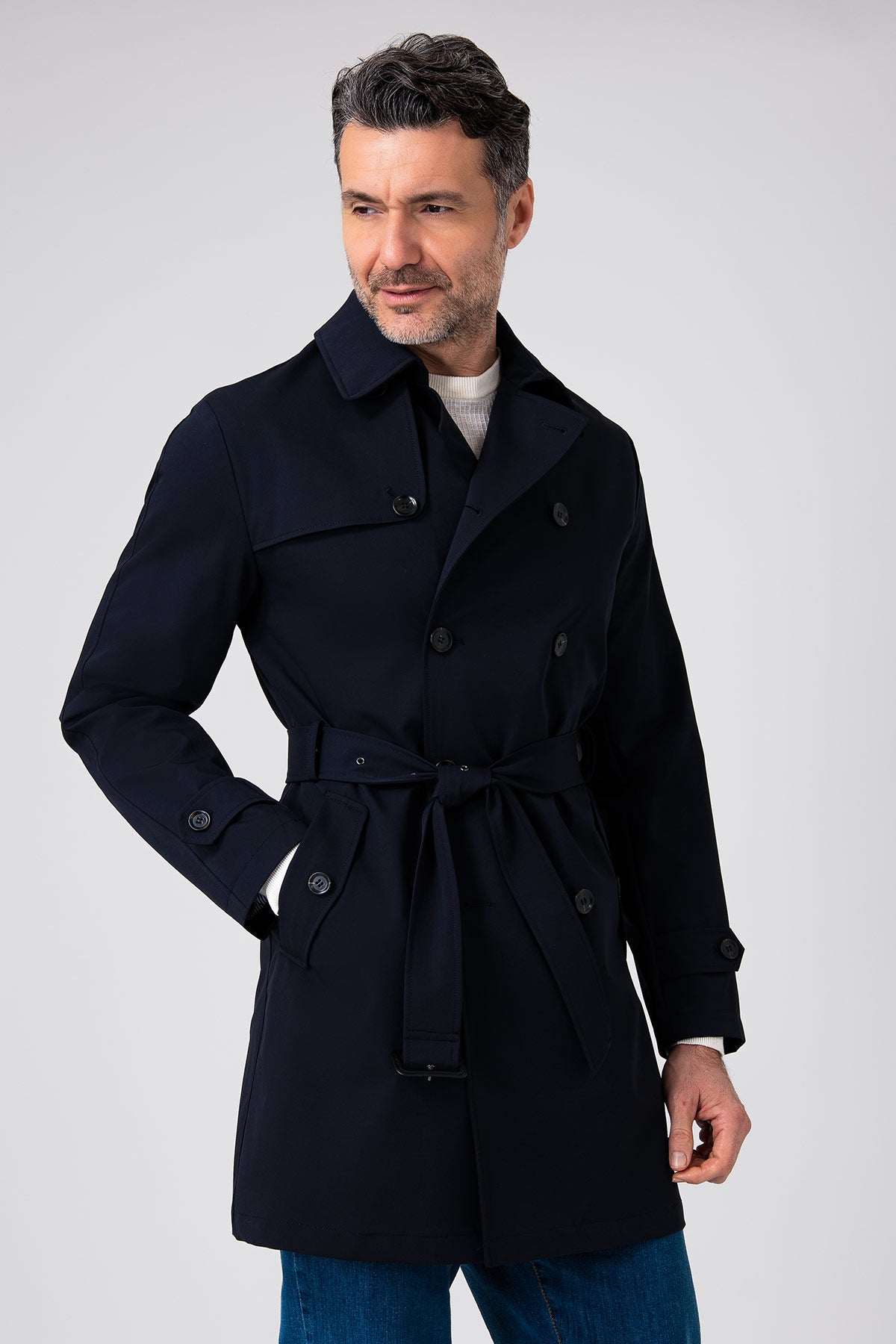 Impermeabile doppiopetto con cintura - Navy