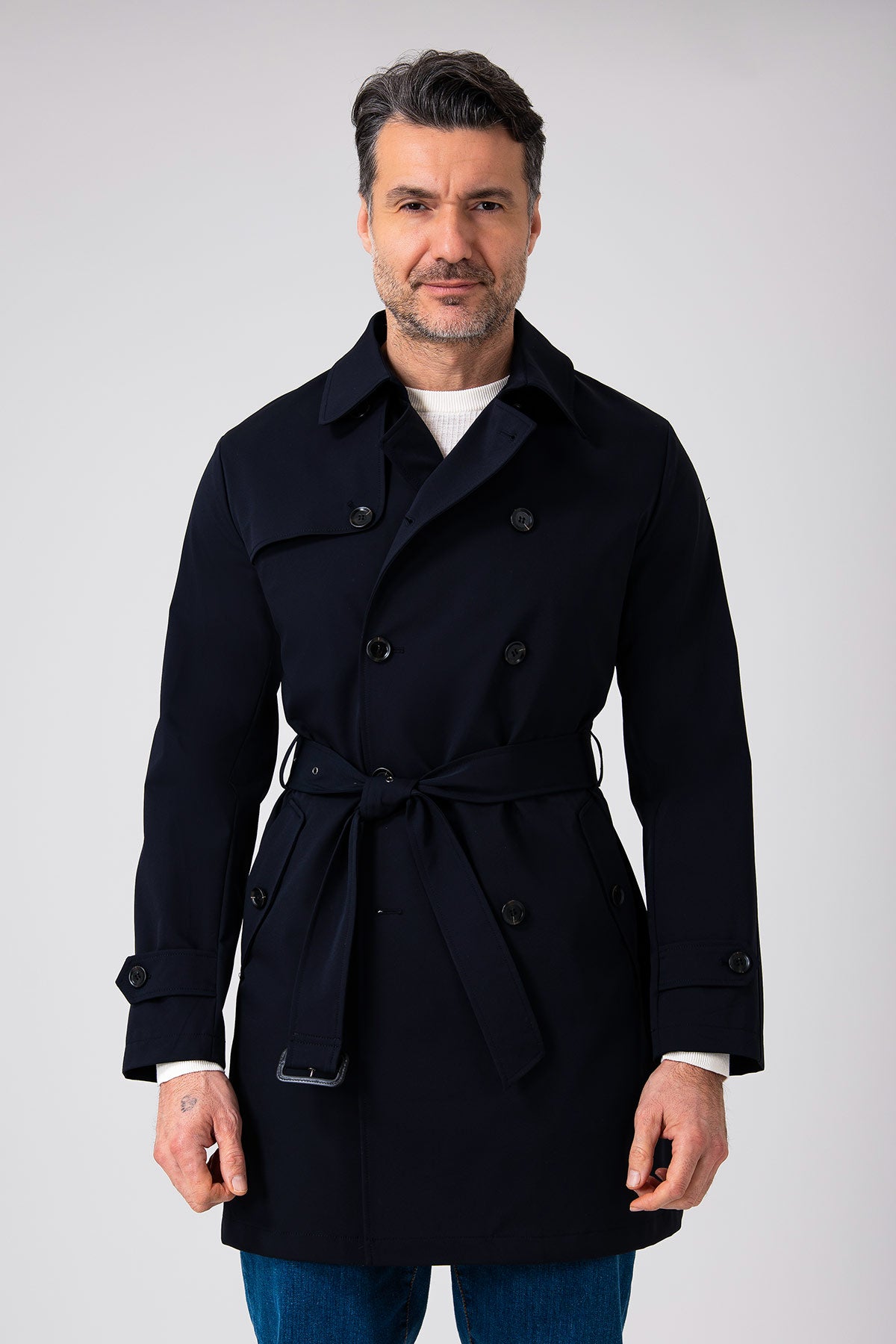 Impermeabile doppiopetto con cintura - Navy