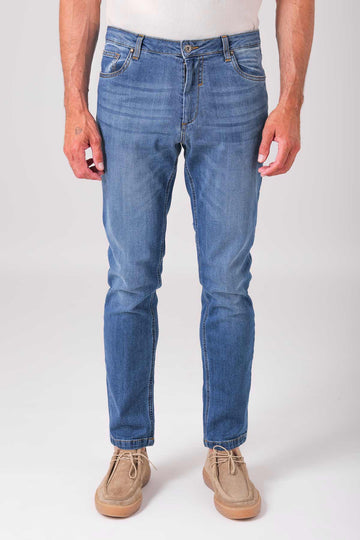 Jeans cinque tasche in cotone elasticizzato - Denim chiaro - vista frontale
