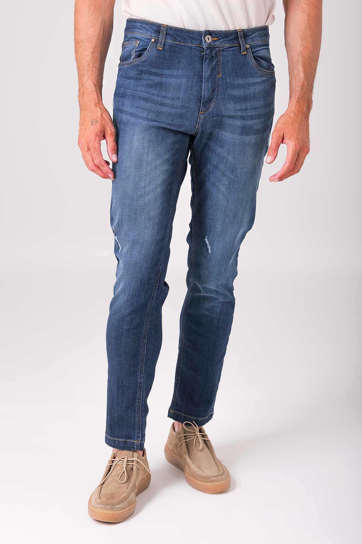 Jeans cinque tasche in cotone elasticizzato - Denim scuro - vista frontale