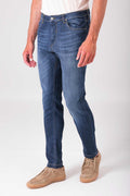 Jeans cinque tasche in cotone elasticizzato - Denim scuro - vista laterale