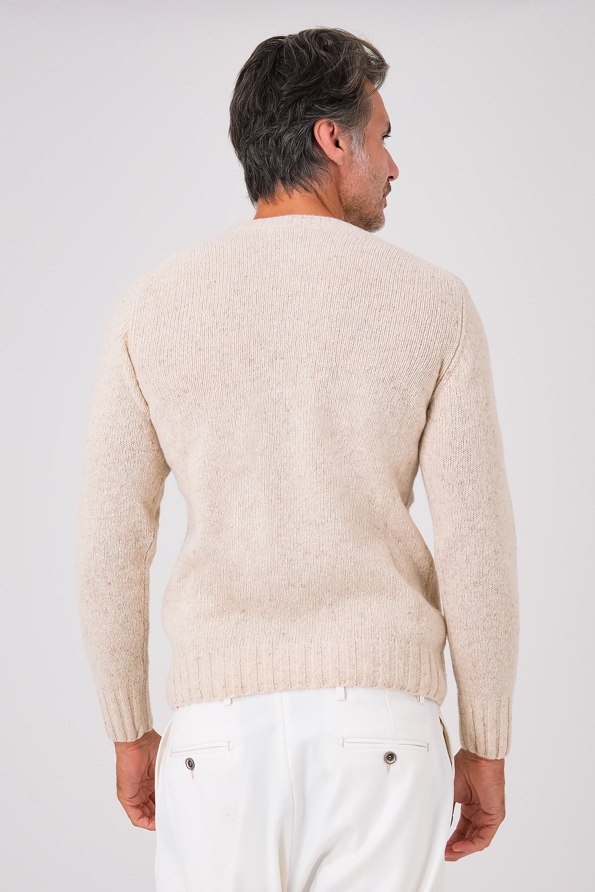 Vista posteriore della maglia girocollo beige in lana e poliammide indossata
