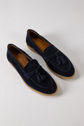 Blue Suede Loafers with Tassels - Side View