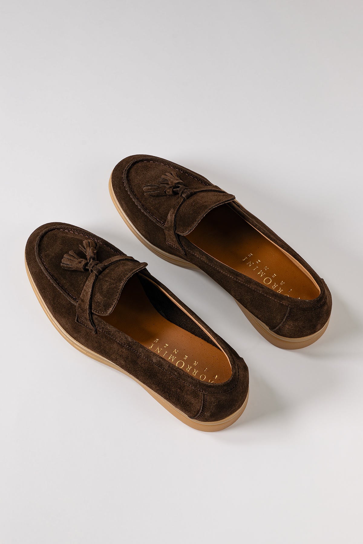 Blue suede loafers with tassels - front view