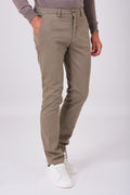 Mud brown stretch cotton trousers on a model, front view