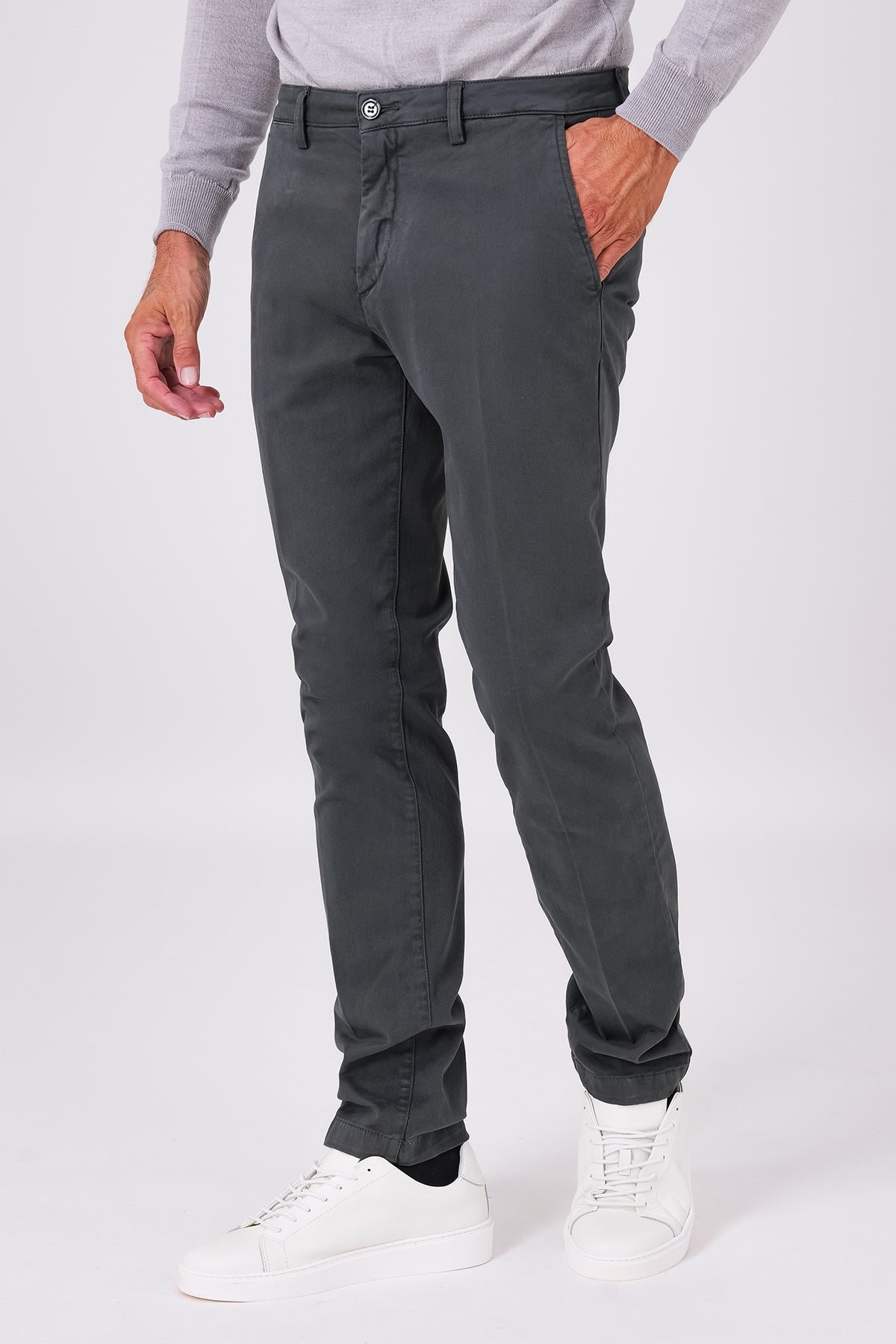 Basic smoke grey stretch cotton trousers on a model, front view